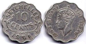 coin Seychelles 10 cents 1951
