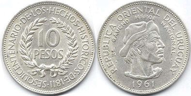 coin Uruguay 10 pesos 1961