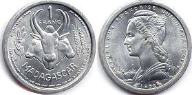 piece Madagascar 1 franc 1958