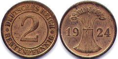 Münze German Weimar 2 pfennig 1924