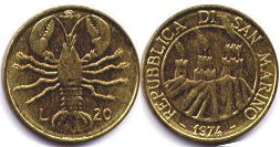 moneta San Marino 20 lire 1974