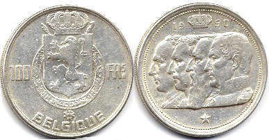 coin Belgium 100 francs 1950