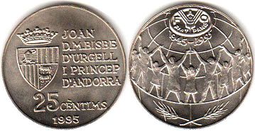 coin Andorra 25 centimes 1995