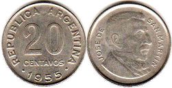 moneda Argentina 20 centavos 1955