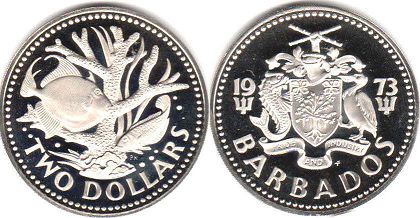 coin Barbados 2 dollars 1973