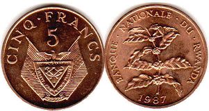 coin Rwanda 5 francs 1987