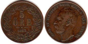 coin Sweden 5 ore 1863