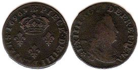 moneda Francia 4 deniers 1696