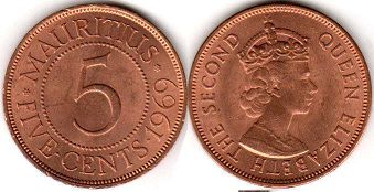 coin Mauritius 5 cents 1969