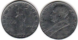 moneta Vatican 100 lire 1958