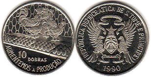 coin Saint Thomas and Prince 10 dobras 1990