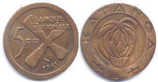 pièce Katanga 5 francs 1961