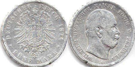 coin German Empire 5 mark 1874