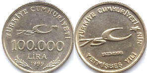 moneda Turquía 100000 lira 1999 75 aniversario de la República