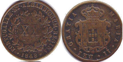 coin Portugal 20 reis 1848