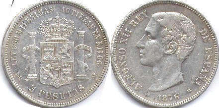 coin Spain 5 pesetas 1876