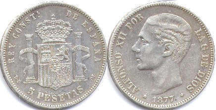 coin Spain 5 pesetas 1877