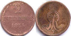Münze Hannover 2 Pfennig 1855