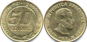 moneda Argentina 50 centavos 2000 General de Guemes