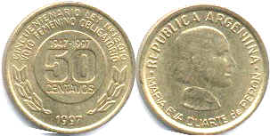 moneda Argentina 50 centavos 1997 VOTO FEMENINO OBLIGATORIO