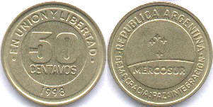 moneda Argentina 50 centavos 1998 MERCOSUR