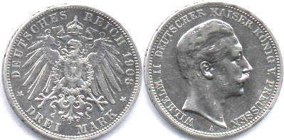 coin German Empire 3 mark 1908