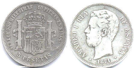 coin Spain 5 pesetas 1871
