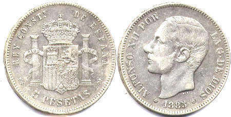 coin Spain 5 pesetas 1885