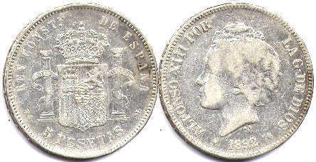 coin Spain 5 pesetas 1892