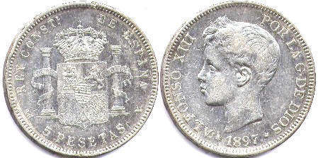 coin Spain 5 pesetas 1897
