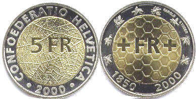 coin Switzerland 5 francs 2000