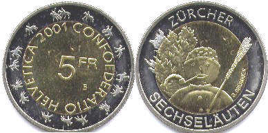 coin Switzerland 5 francs 2001