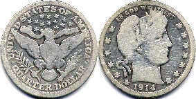 moneda Estados Unidos 1/4 dólar 1914 Barber plata quarter