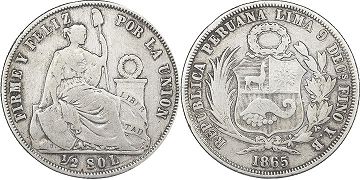 coin Peru 1/2 sol 1865