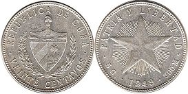 moneda Cuba 20 centavos 1949