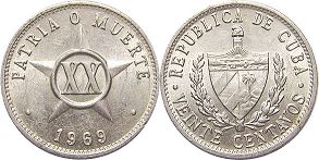 moneda Cuba 20 centavos 1969