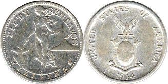 Moneda de filipinas de EE. UU. 50 centavos 1944