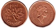 moneda canadiense Elizabeth II 1 centavo 1991