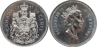 moneda canadiense Elizabeth II 50 centavos 1991